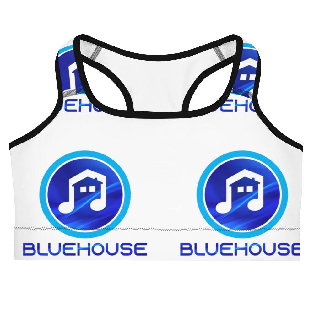 Moisture-wicking sports bra with scoop neckline, racerback, and wide elastic support band