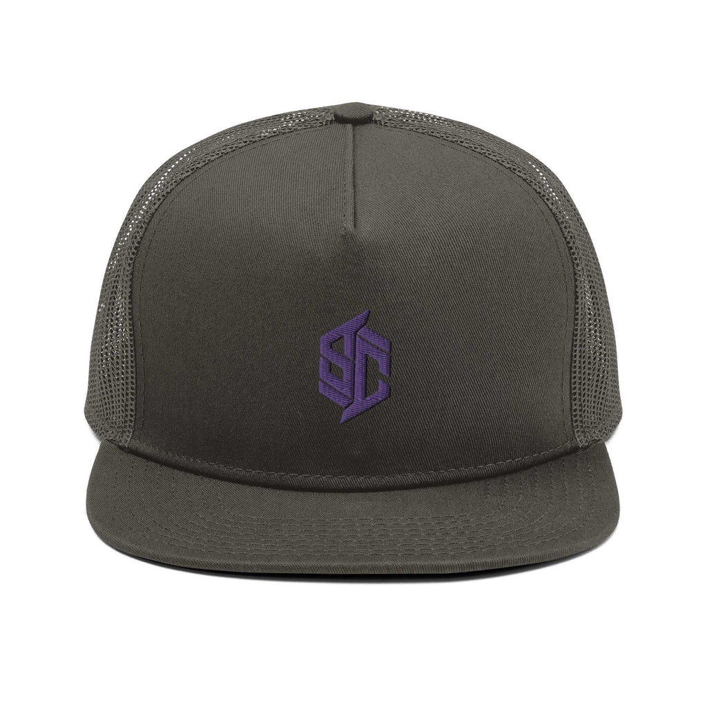 Gray mesh back snapback cap with 5-panel design and adjustable plastic snap closure