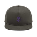 Gray mesh back snapback cap with 5-panel design and adjustable plastic snap closure
