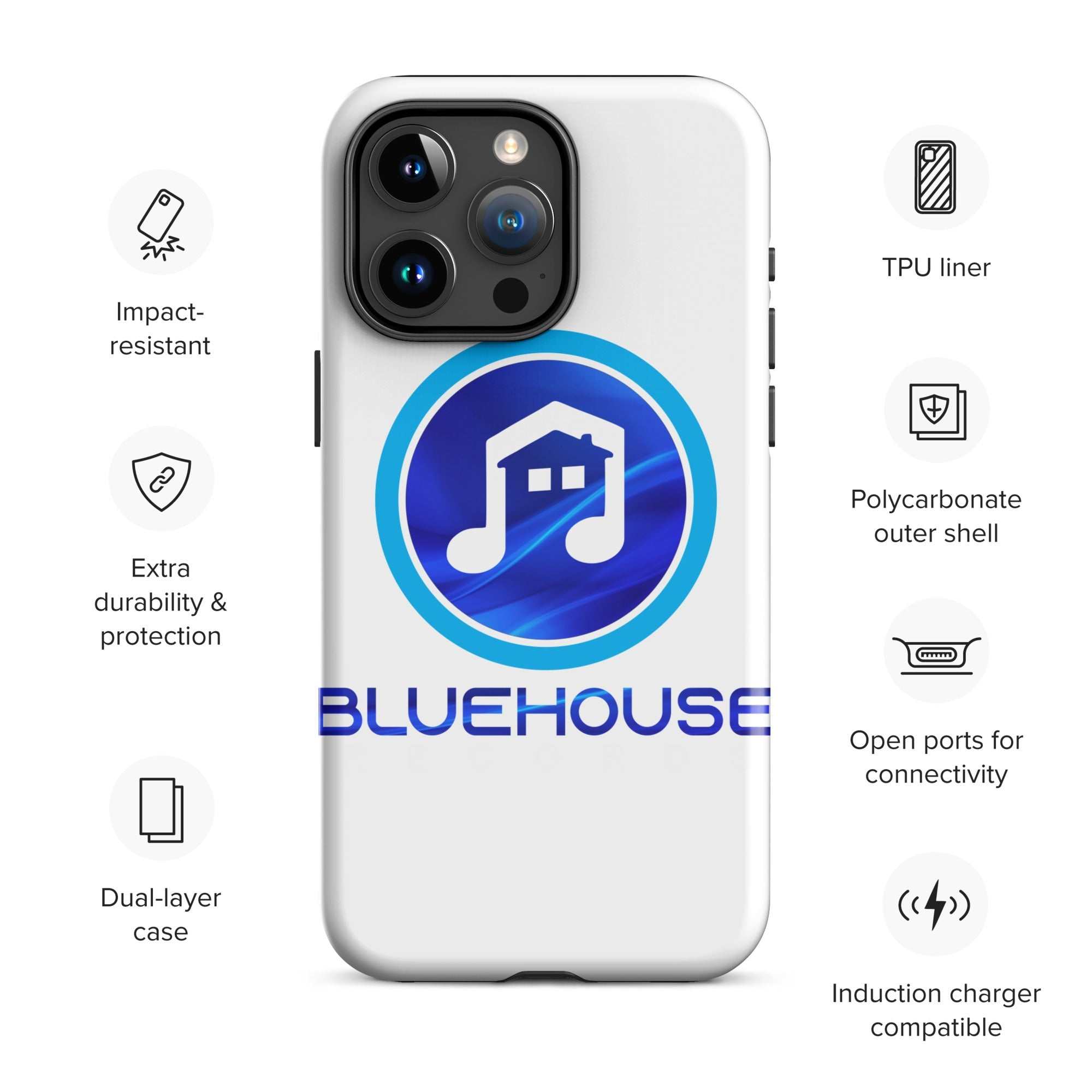 Durable tough case for iPhone with dual-layer polycarbonate and TPU protection, precise port openings, and induction charging compatibility.