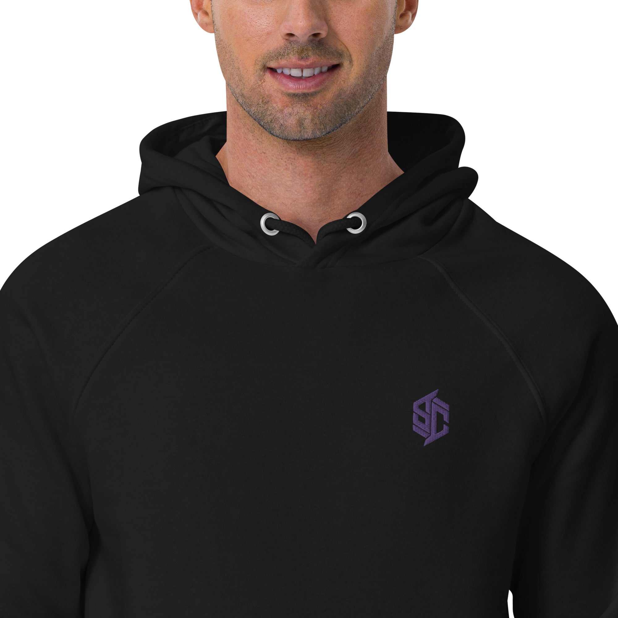 Unisex eco raglan hoodie in charcoal melange with organic cotton and recycled polyester, featuring brushed lining and raglan sleeves.