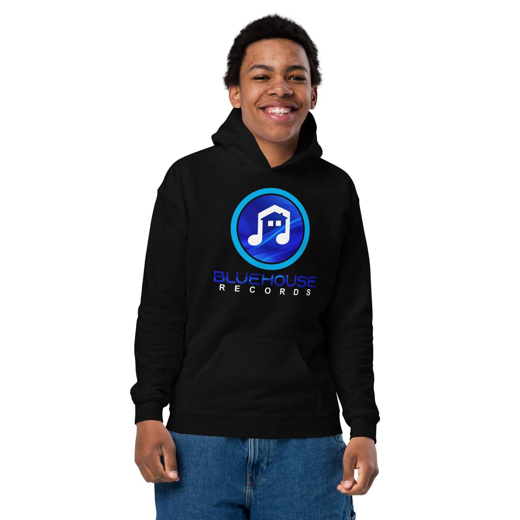 Youth heavy blend hoodie for children featuring breathable cotton-polyester fabric, double-lined hood, front pouch pocket, and no drawcords for safety